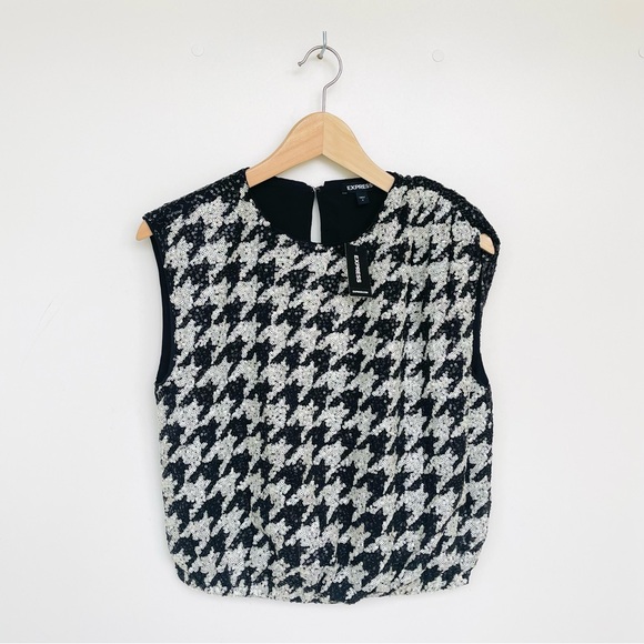 EXPRESS Houndstooth Sequin Embellished Top Crop Cap Sleeve Elasticized Waist - Picture 4 of 12